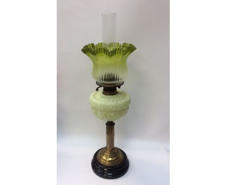 Late 19th Century oil lamp, having vaseline glass resevoir &amp; shade.
