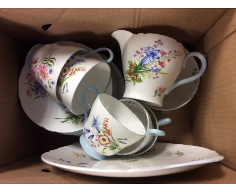 Shelley Wild Flowers tea cups and saucers, side plates, sandwich plate, jug and sugar basin (20) 1 cup missing