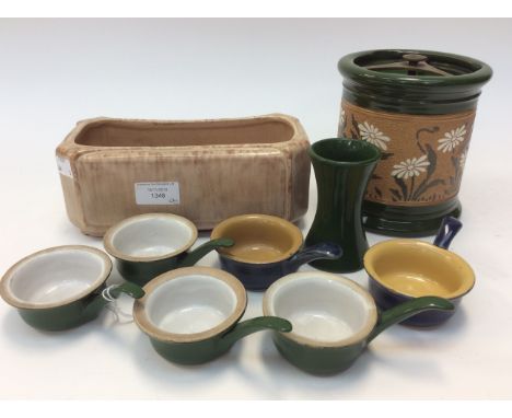 Bourne Denby, Denby flower trough, small green cooling tower vase and some small handled pots and one large Langley tobacco j