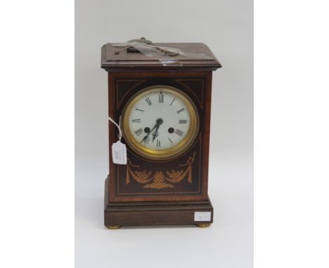 An Edwardian mahogany mantel clock with Roman numerals, with inlaid decoration eight day pendulum and key present signed R&am