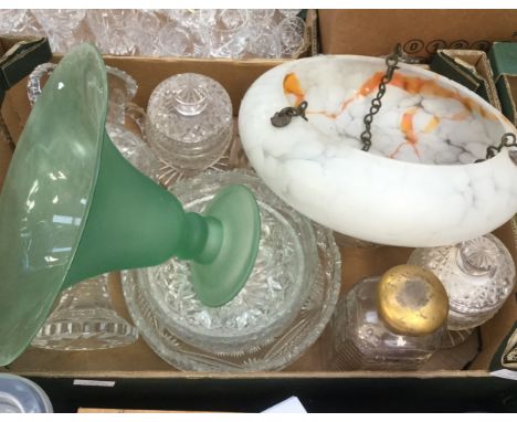Faceted and cut glass bottles, bowls etc, circa 1930's lamp shade etc