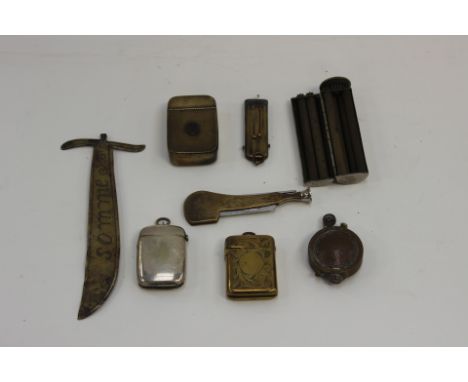 WW1 Brass trench art snuff box, WW1 "Somme" paper knife (Missing handle) Home made cigarette lighter made from 1921 Pennies, 