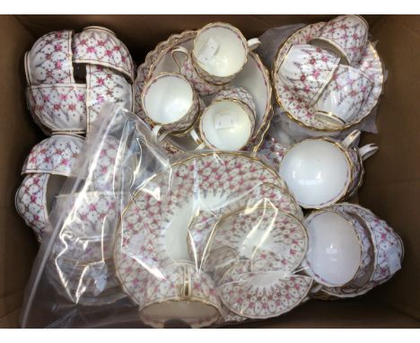 Large set of Copelands china, retailed at T. Goode and Co. London, hand painted with pink floral and gilt decoration, cups an