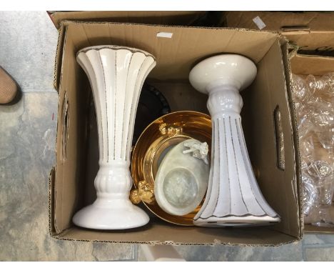 Marble trinket dish with cold painted dog, assorted vases and bowls, assorted cut glass, bowls, trinkets, vases, glasses etc 