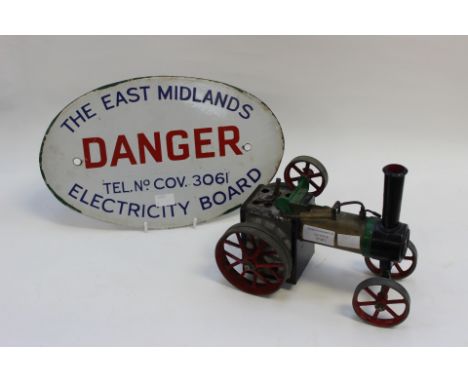 Live steam road roller Mamod and an enamel sign Danger 
