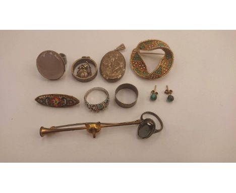 Silver pendant, rings, pendant St. Christopher, turquoise earrings, brooch hunting interest Fox and horn cravat pin and micro