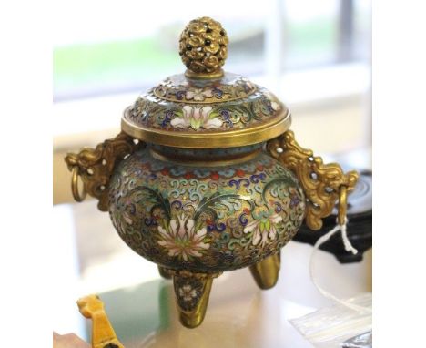  A 19th Century Chinese gilt cloisonne censer and cover, cloud pierced finial, ring twin handles, the body with raised cloiso