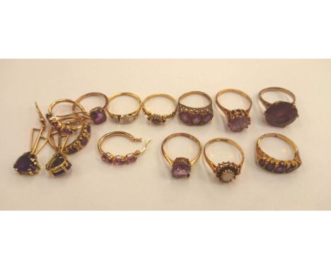 A quantity lot of 9ct hallmarked seven purple amethyst and paste stone set rings, 9ct opal and sapphire set ring, 18ct hallma