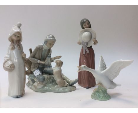 Three Lladro figures, Girls and Geese with a Nao figure of man with dog