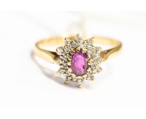 A ruby and diamond cluster ring set in 9ct gold ruby, the central ruby claw set with a double row surround of white diamonds,