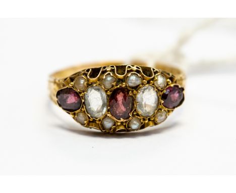 A Georgian 15ct hallmarked five stone ruby and Spinel boat ring, est with small baroque pearls, Chester, dated 1795, size M, 