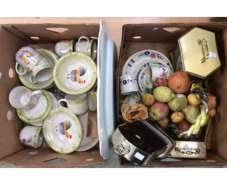 Five boxes of assorted ceramics including dinner wares, a 1950s Smith mantle clock, two other mantle clocks, fruit centrepiec