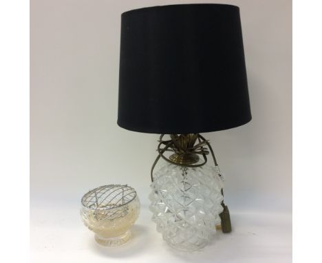 Pineapple shaped glass lamp base and shade cut glass rose bowl (2)