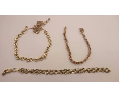 A 9ct gate bracelet, two other 9k bracelets and five link chains, total weight approx 31gms (4)