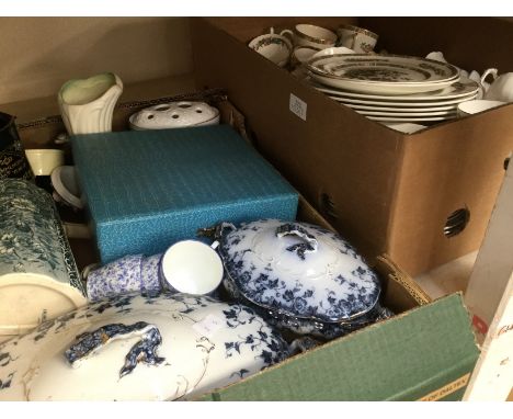 Three boxes of ceramics to include a Wedgwood and Mayfair tea/dinner service, Indian tree pattern, Victorian blue and white t