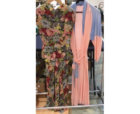 A peach and sky blue crepe long dressing robe, with a sash in blue/pink, 1940's. With a floral late 1930's early 1940's the c