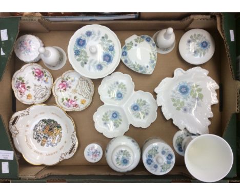 A collection of Wedgwood Clementine, trinkets and miniature pieces plus a pair of Royal Crown Derby commemorative dishes, two