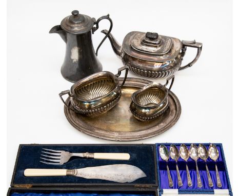EPBM Jug, three piece EPNS teaset, set of EPNS teaspoons, EPNS fish knife and fork