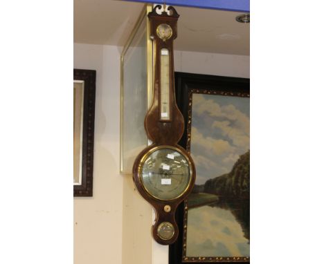 A 19th Century mahogany banjo barometer and thermometer, the spirit level dial stamped Cox, London