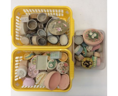 A quantity of assorted pill boxes, including ceramic versions and soap stone examples (three boxes)