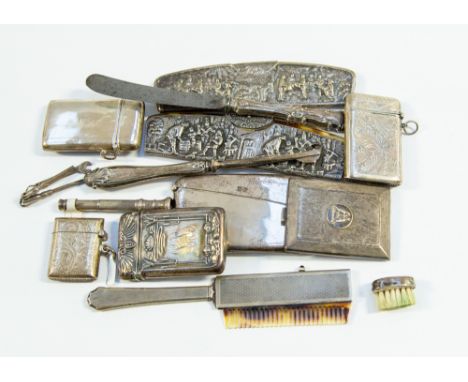 Vesta cases, card case, comb cases, filled handled implements book match holders etc 345 grams approx 