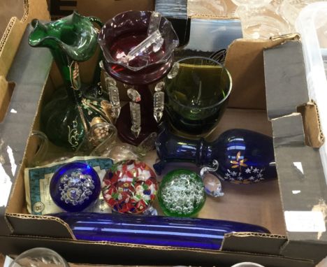 A Bristol blue rolling pin, Cranberry glass, luster, paperweights, etc (one box)