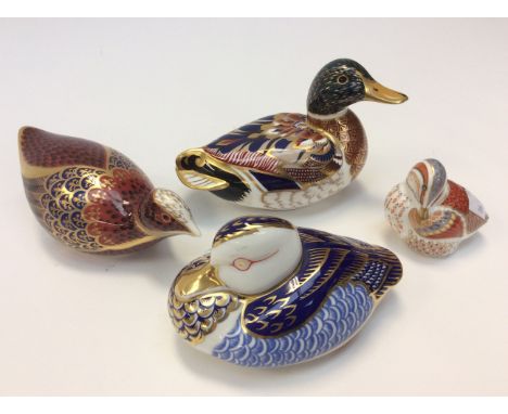 Four Royal Crown Derby Duck paperweights including: Mallard 1997, gold stopper, boxed; Duck 1986 (design from 1st series), ce