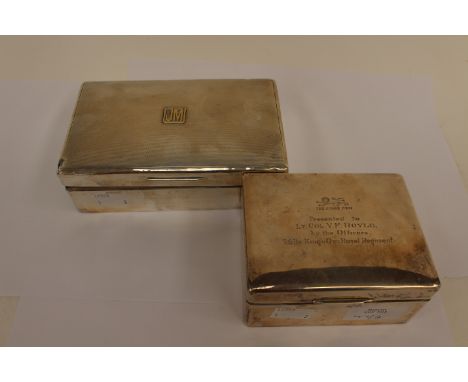 A 1930's silver cigarette box, engine turned cover, London 1935; together with a Walker and Hall silver cigarette box, presen