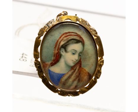 A 19th Century yellow metal brooch with painted portrait of a Lady with red shawl, possibly on ivory