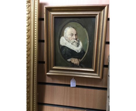 Philippe Pavey, portrait of a bearded gentleman peering through an oval aperture, with hand outstretched, and wearing a white