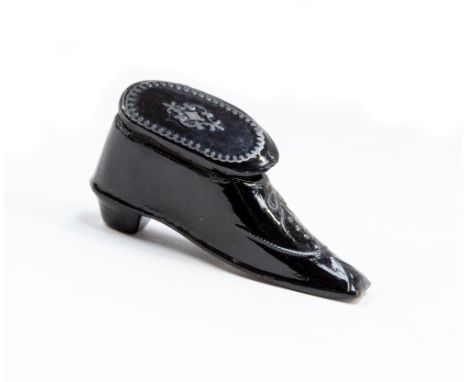 A mid 19th Century novelty black papier mache pocket snuff box, circa 1860, in the form of a lady's shoe, metal pique work fe