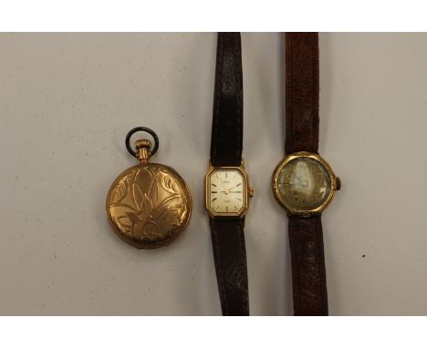 An Elgin gold plated pocket watch and two ladies wristwatches, one Timex (3)