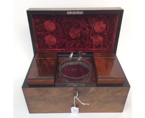 A Flame mahogany tea caddy, all complete with a pair of George III teaspoons London 1782, bright out, (cartouche removed) lin