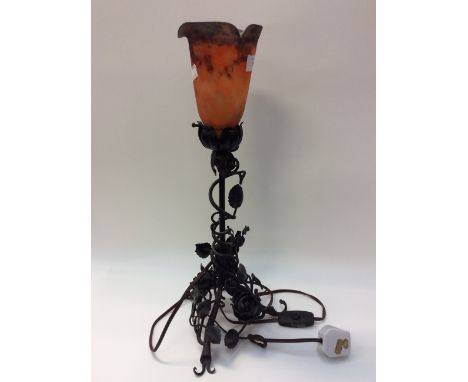 Art Nouveau French glass table lamp with floral wrought iron base