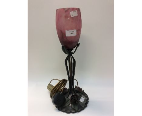 Art Nouveau wrought iron table lamp with marbled glass shade