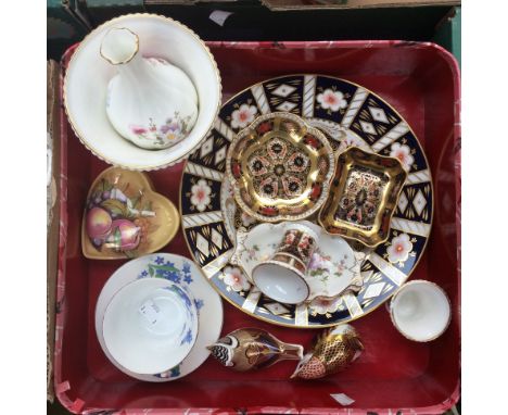 Royal Crown Derby Imari pattern 1128, four trinket dishes, (two seconds) small vases, etc, Crested Tit and Wren paperweights,