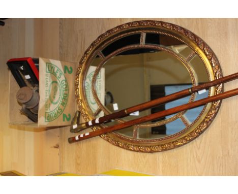 Silver topped Malacca walking cane and a more modern brass headed walking stick, and a small box of metal ware, large clock, 