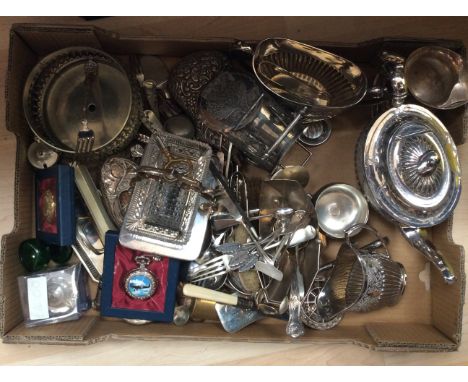 A box of assorted silver plated items and silverware, including a silver backed brush set (af) a silver plated tea service, s