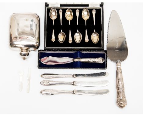 A boxed set of coffee spoons Sheffield 1937, together with filled handled knives and cake slice and white metal hip flask etc