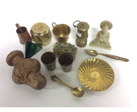 A quantity of brasswares, miniature miners lamp, lidded trinket box, gilt Female figure bust etc