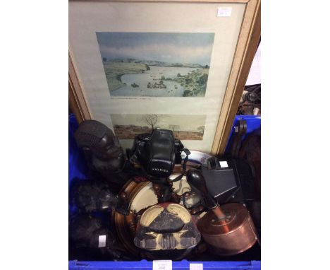 One box of assorted items to include; African carved figures, Victorian small wall mirror, framed print of Ripon falls, carve
