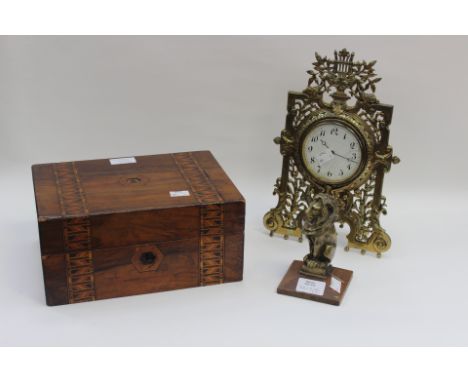 Brass Edwardian mantle clock, writing box and brass lion on stand