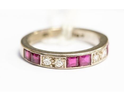 A diamond and ruby half eternity 18ct white gold ring, six square-cut rubies and four small round brilliant-cut diamonds, cha