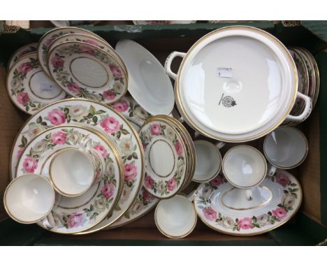 A Royal Worcester bone China part tea/dinner service, pink Roses, gilt border; gravy boat, tea cups and saucers etc