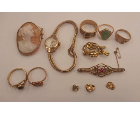 A 9ct cased ladies Benfre dress watch, cameo brooch, 9ct belt ring, opal ring (A/F) combined total gross weight approx 50gms 