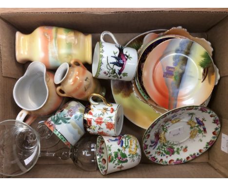 A collection of ceramic items including Royal Crown Derby coffee can and saucer, Noritaki items, various vintages glasses etc