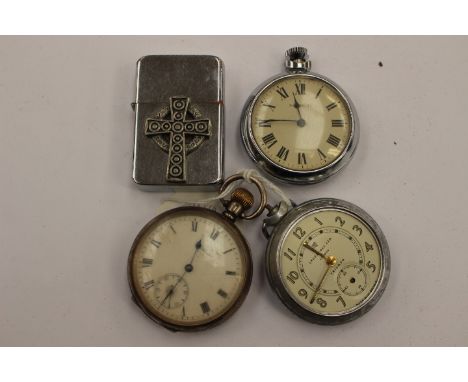 Three pocket watches, silver, early 20th Century, and two chrome Ingersolls (A/F) and a Tristar lighter, total gross weight 2