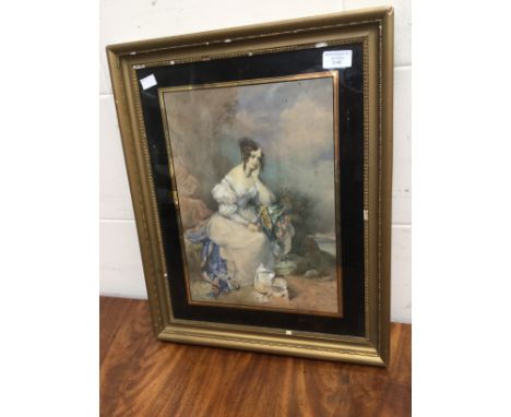 Early 19th century English School, portrait of a young woman seated upon a rock with her left hand held up to her face, a mul