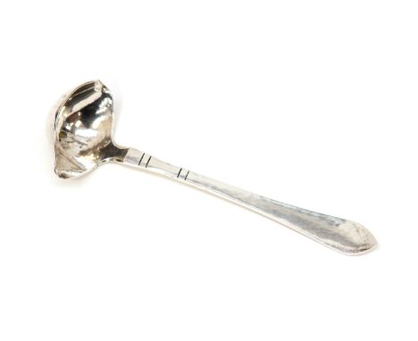 A stylish Georg Jensen silver double spout ladle, trefid finial, import marks for London 1926, approximately 21g