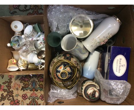 Two boxes of assorted ceramics, glassware, etc including various bells, lamp and an early 19th Century pewter chamber stick, 